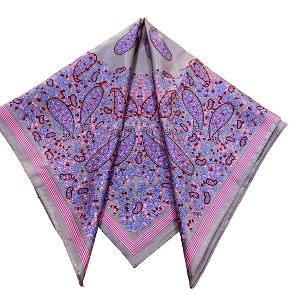 Vintage Scarf Silky Gray Pink Blue Bandana Square Acetate Paisley Print Neck Tie - Picture 6 of 7